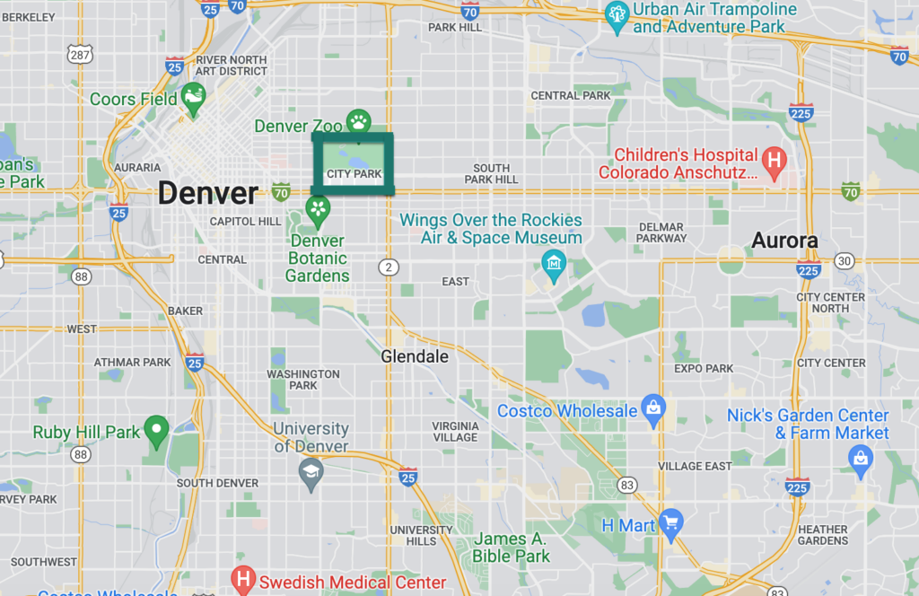 City Park is located East of Downtown Denver
